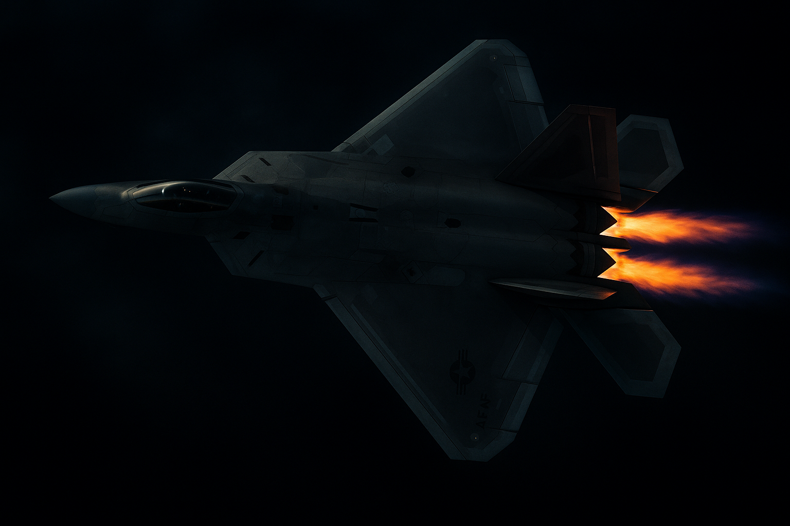 Generate the top view of a U.S. Airforce F22 Jet flying with dark sky while the engine is throwing out flames. The plane is to be positioned horizontally from right to left with the head facing left