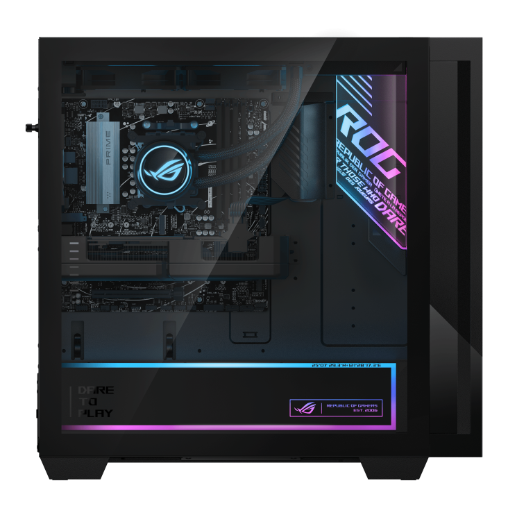ASUS ROG G700 (2025) GM700 product photo — The right side of the ROG G700 desktop, with a transparent case revealing the internal structure of the computer