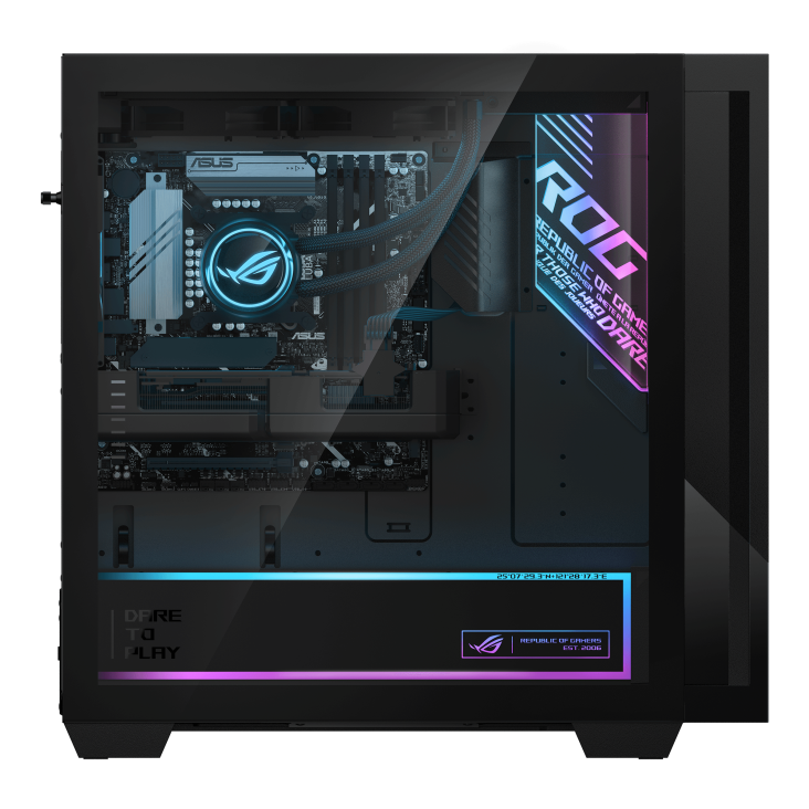 ASUS ROG G700 (2025) G700 product photo — The right side of the ROG G700 desktop, with a transparent case revealing the internal structure of the computer