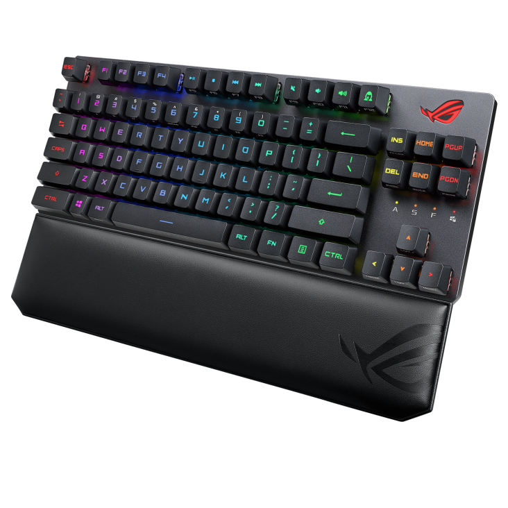 ASUS ROG Strix Scope RX TKL Wireless Deluxe product photo — ROG Strix Scope RX TKL Wireless Deluxe angled view from the side