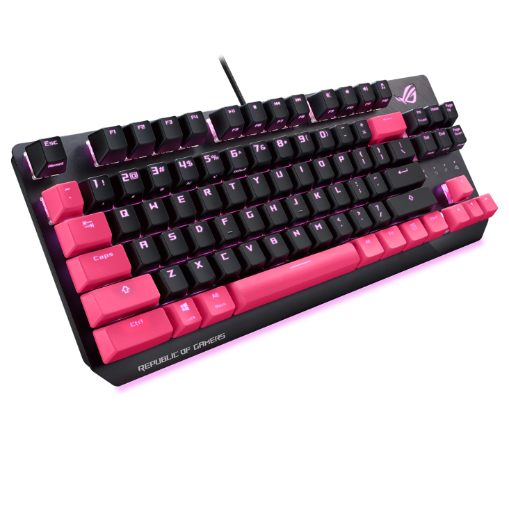 ASUS ROG Strix Scope TKL Electro Punk product photo — ROG Strix Scope TKL Electro Punk angled view from left