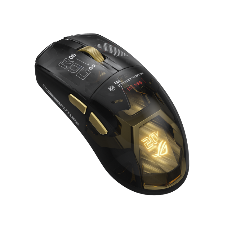ASUS ROG Harpe II Extreme Edition 20 Gaming Mouse product photo — an angled side view of the ROG Harpe II Extreme Edition 20 gaming mouse showing its side buttons