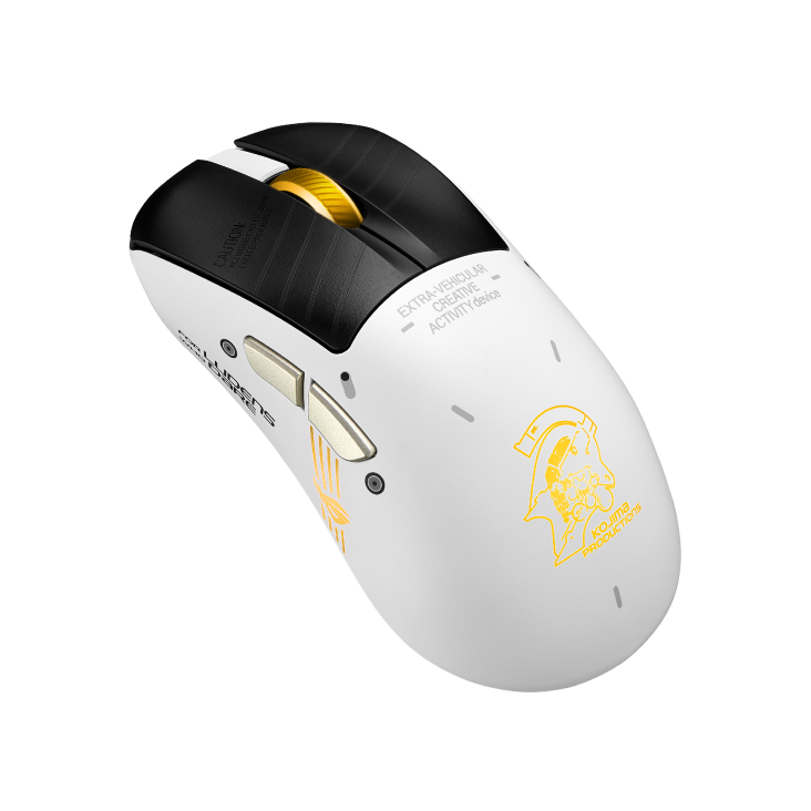 ASUS ROG Keris II Origin-KJP Gaming Mouse product photo — Angled view from the left of the ROG Keris II Origin KJP in both black and moonlight white
