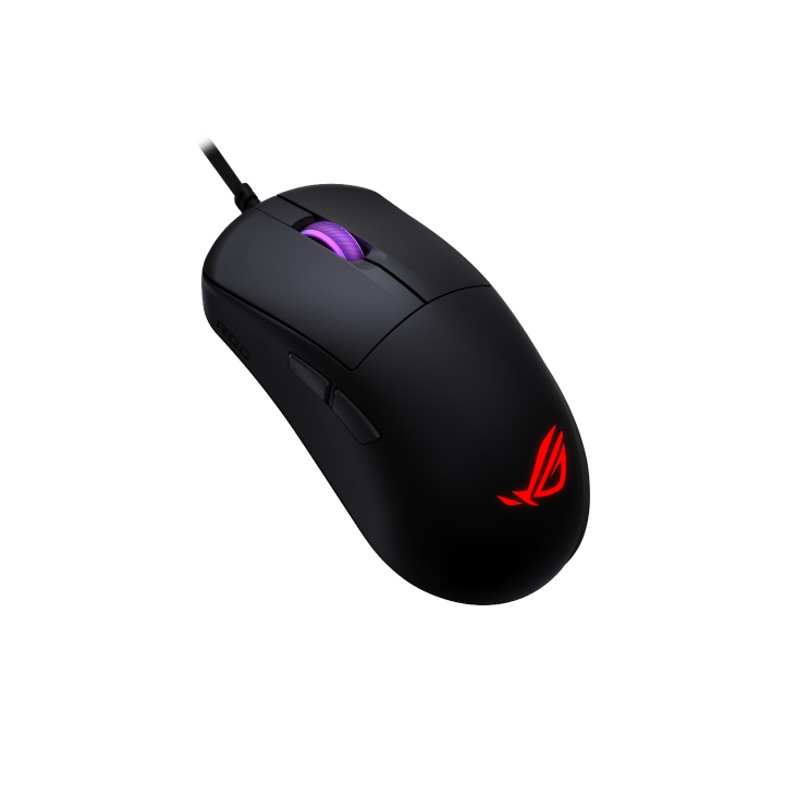 ASUS ROG Harpe Mini Core Gaming Mouse product photo — Angled front-left view of the ROG Harpe Mini Core gaming mouse, featuring a black matte finish and illuminated scroll wheel