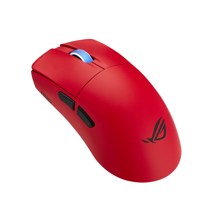 ASUS ROG Harpe II Ace Gaming Mouse product photo — Angeled side view of the lava red ROG Harpe II Ace