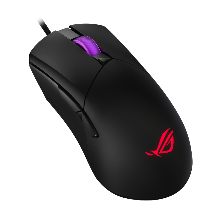 ASUS ROG Gladius III Core gaming mouse product photo — ROG Gladius III Core_01 – Angled front-left view of the ROG Gladius III Core gaming mouse, featuring a black matte finish and illuminated scroll wheel