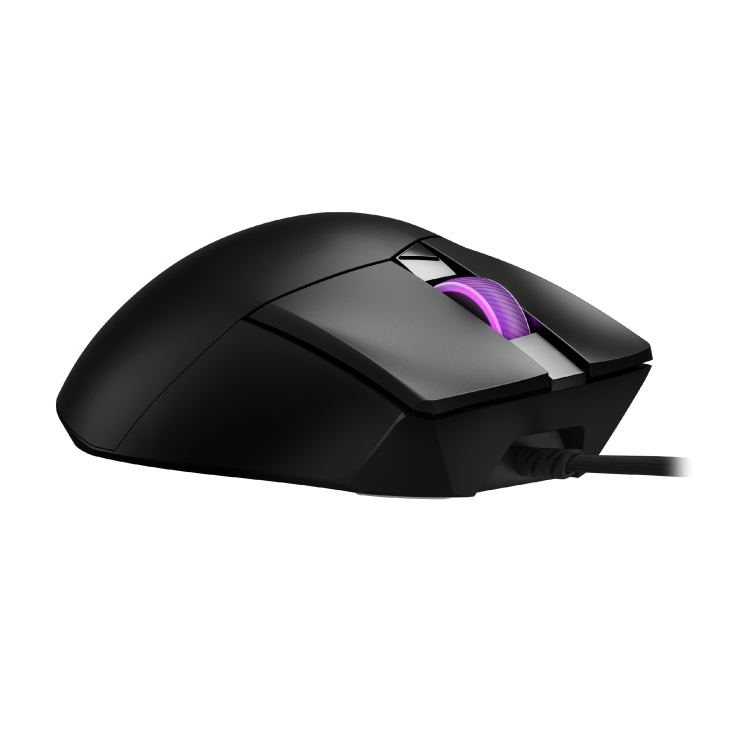 ASUS ROG Gladius III Core gaming mouse product photo — Angled rear-left view of the ROG Gladius III Core, highlighting the curvature and rear lighting accents.