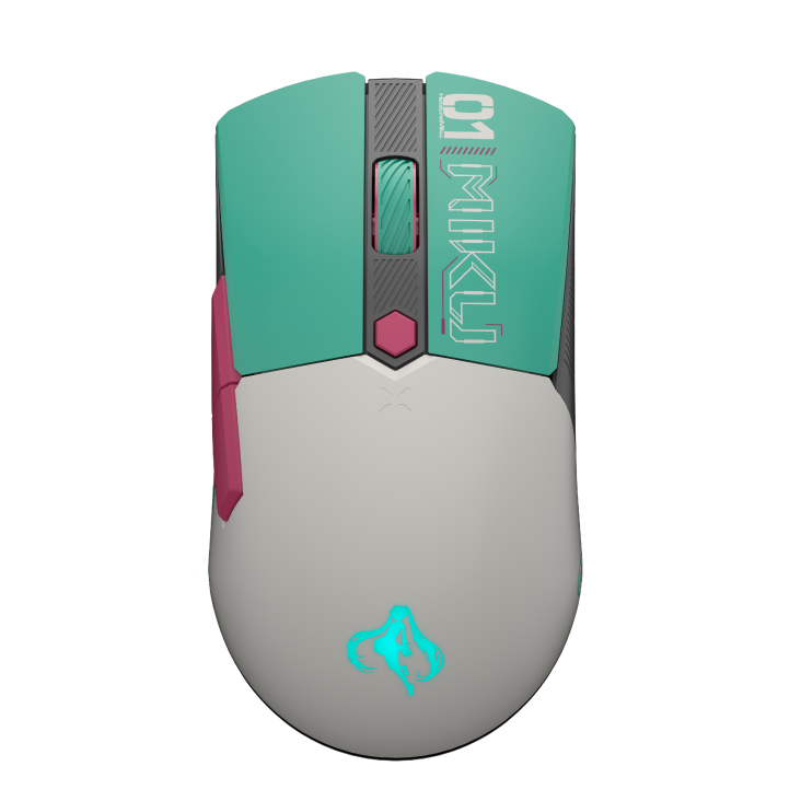 ASUS TUF GAMING Mini Wireless Mouse Hatsune Miku Edition product photo — Top view of the TUF Gaming Wireless Mouse Hatsune Miku Edition