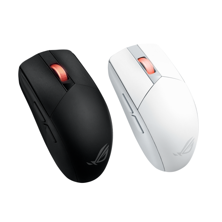 ASUS ROG Strix Impact III Wireless product photo — An angled top view of the ROG Strix Impact III Wireless in both black and moonlight white, placed side by side