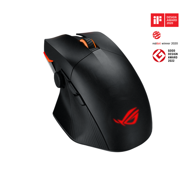 ASUS ROG Chakram X Origin product image — ROG Chakram X Origin angled side view with award icons