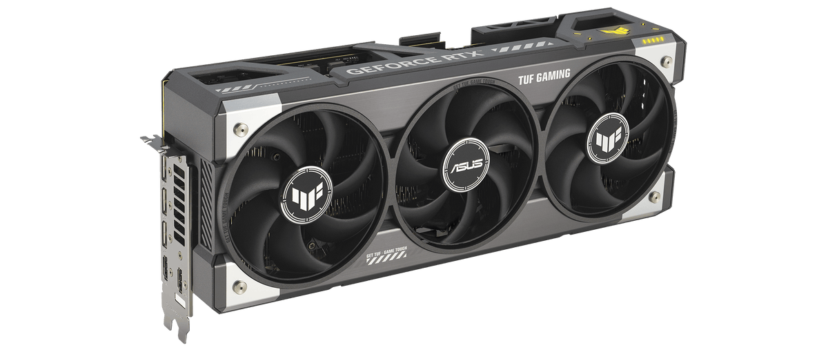ASUS TUF Gaming GeForce RTX™ 5080 16GB GDDR7 BTF OC Edition product image — Angled front view of TUF Gaming GeForce RTX 5080 BTF Edition showing triple fans and ARGB lighting