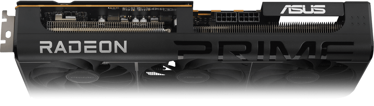 ASUS Prime Radeon™ RX 9070 GRE EVO OC Edition 12GB GDDR6 product image — Angled top down view of the Prime Radeon RX 9070 GRE EVO graphics card hero angle