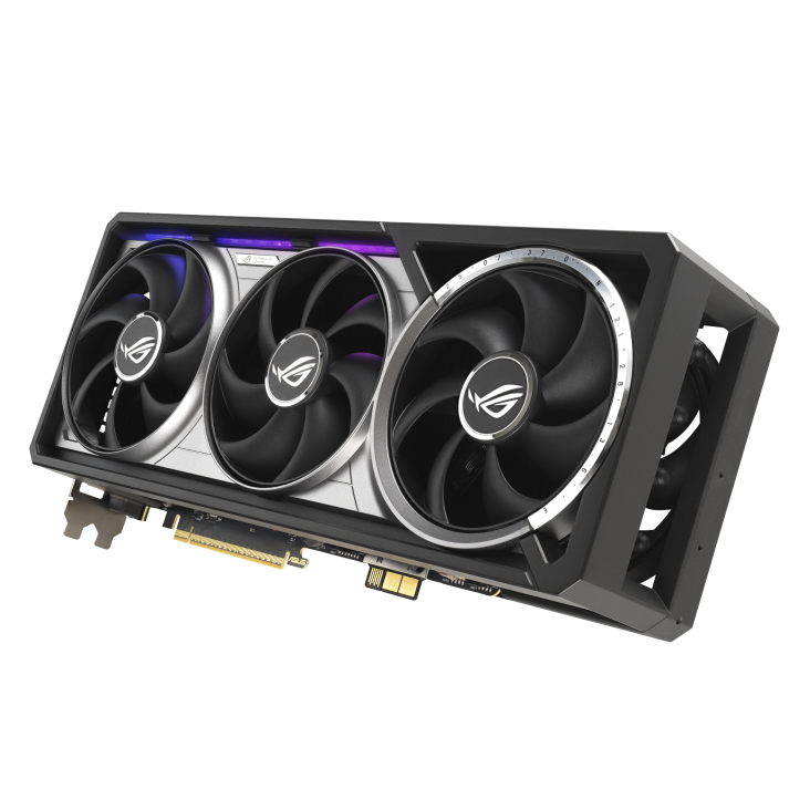 ASUS ROG Astral GeForce RTX™ 5090 32GB GDDR7 BTF OC Edition product image — 04_ROG-Astral-RTX5090-BTF_angled top down view focous on fans+lighting