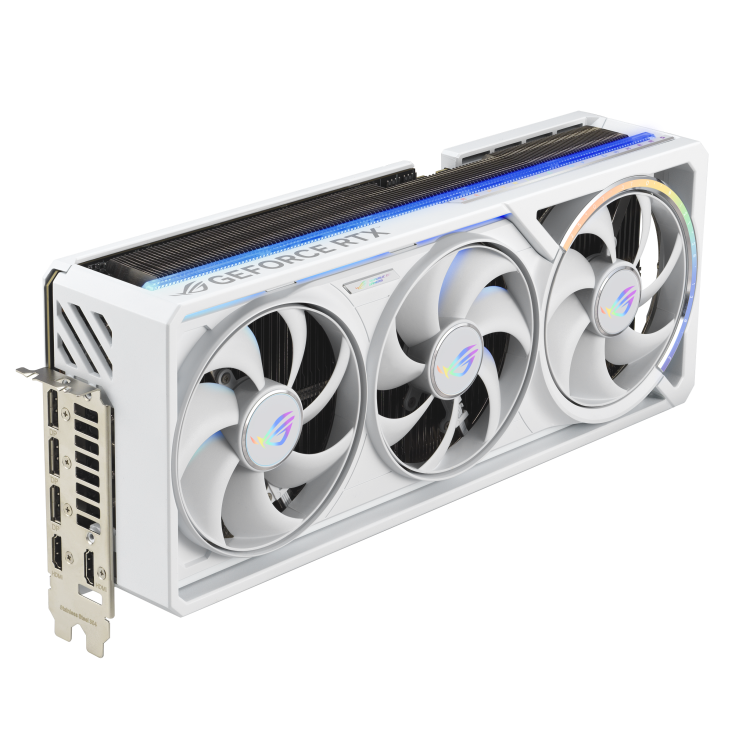 ASUS ROG Astral GeForce RTX™ 5080 16GB GDDR7 WHITE OC Edition product image — 03_ROG-Astral-RTX5080-White_angled top down view focous on IO+lighting