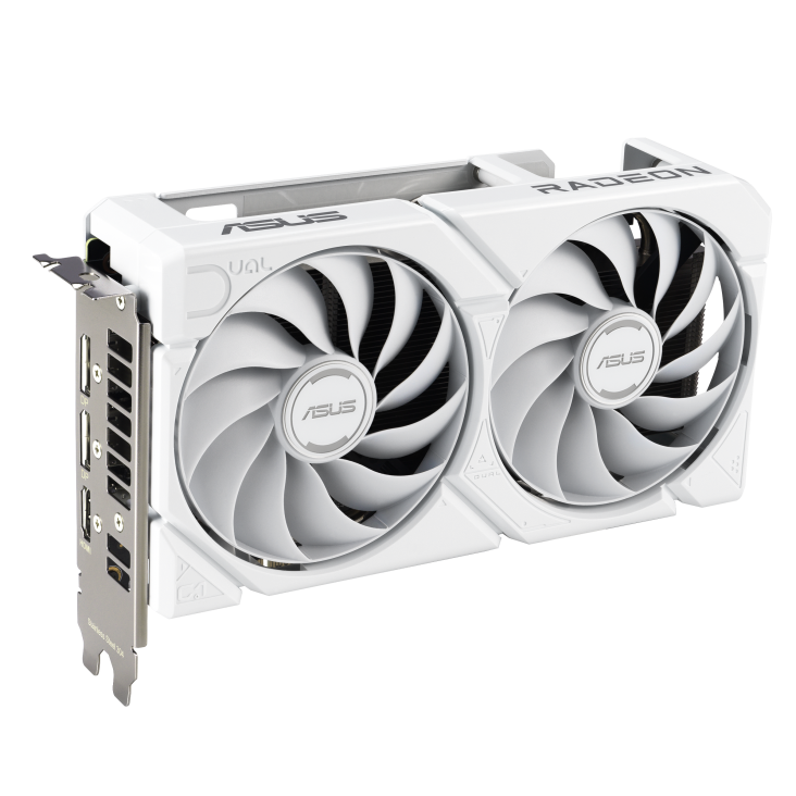 ASUS Dual Radeon™ RX 9060 XT 16GB GDDR6 White Edition product image — DUAL-RX9060XT-WHITE_top down view focus IO