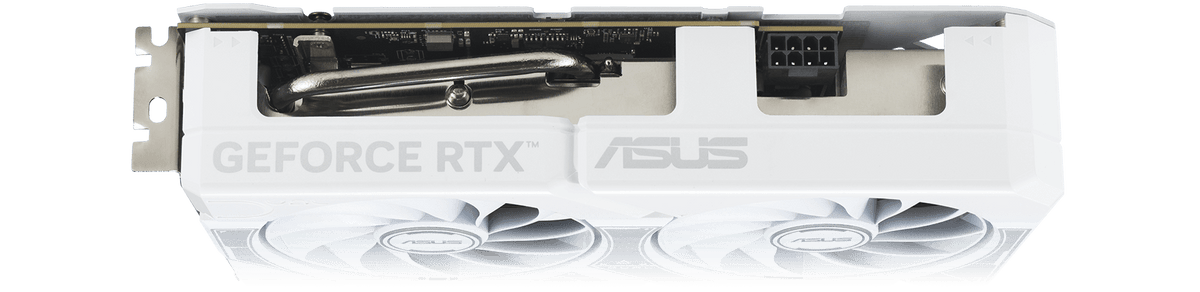 ASUS Dual GeForce RTX™ 5060 Ti 16GB GDDR7 White OC Edition product image — Angled top down view of the card ASUS Dual GeForce RTX 5060 Ti White Edition graphics card