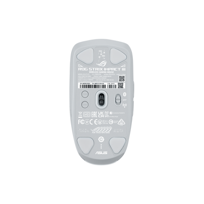 A bottom view of the ROG Strix Impact III Wireless in moonlight white