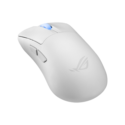 ROG Keris II Ace Moonlight White –angled view from the left with the mouse lying flatter forward