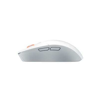 A side view of the ROG Strix Impact III Wireless in moonlight white, showing its side buttons