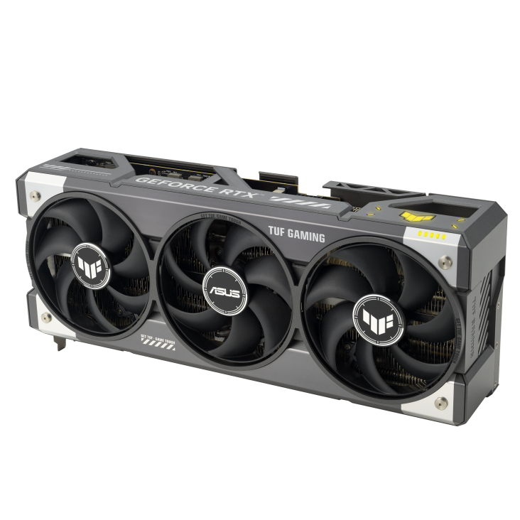 ASUS TUF Gaming GeForce RTX 5080 graphics card, angled top view showing fans