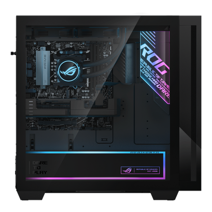 ASUS ROG G700 (2025) GM700 product photo — The right side of the ROG G700 desktop, with a transparent case revealing the internal structure of the computer