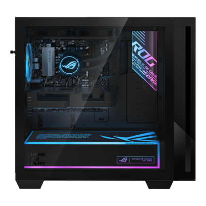 ASUS ROG G700 (2025) GM700 product photo — The right side of the ROG G700 desktop, with a transparent case revealing the internal structure of the computer