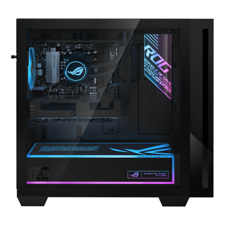 ASUS ROG G700 (2025) GM700 product photo — The right side of the ROG G700 desktop, with a transparent case revealing the internal structure of the computer
