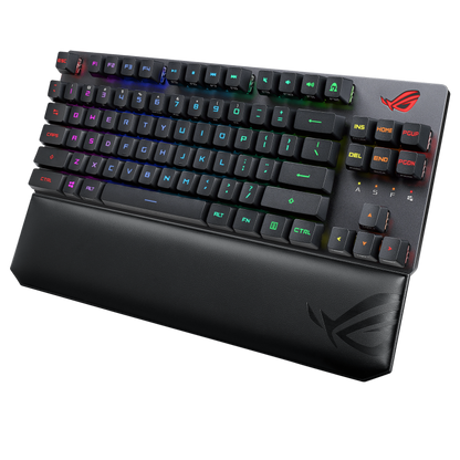 ASUS ROG Strix Scope RX TKL Wireless Deluxe product photo — ROG Strix Scope RX TKL Wireless Deluxe angled view from the side
