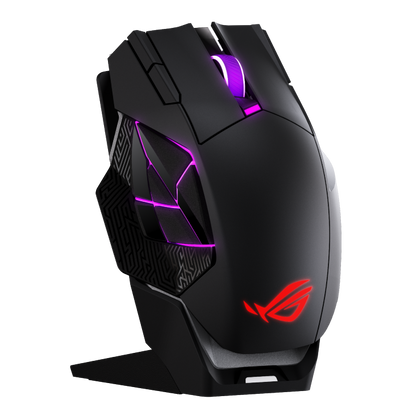 ASUS ROG Spatha X 65K Gaming Mouse product photo — Spatha X 65K mouse on its charging dock from a side angle
