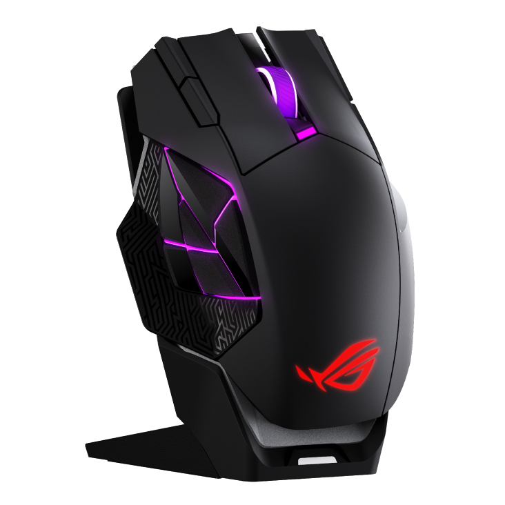 ASUS ROG Spatha X 65K Gaming Mouse product photo — Spatha X 65K mouse on its charging dock from a side angle