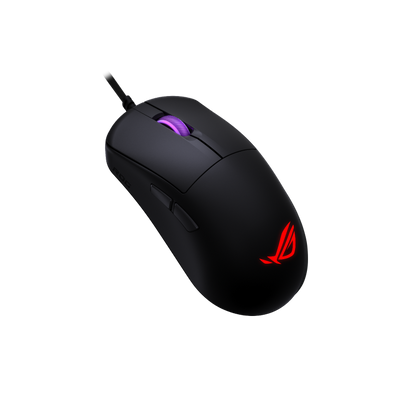 ASUS ROG Harpe Mini Core Gaming Mouse product photo — Angled front-left view of the ROG Harpe Mini Core gaming mouse, featuring a black matte finish and illuminated scroll wheel