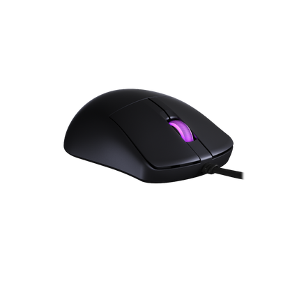 ASUS ROG Harpe Mini Core Gaming Mouse product photo — Angled rear-left view of the ROG Harpe Mini Core, highlighting the curvature and rear lighting accents.
