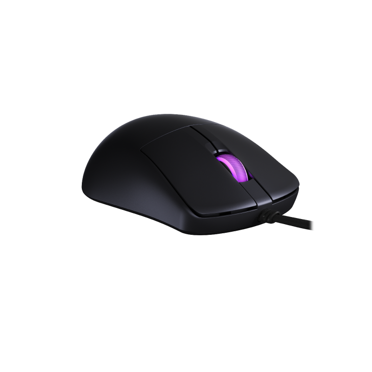 ASUS ROG Harpe Mini Core Gaming Mouse product photo — Angled rear-left view of the ROG Harpe Mini Core, highlighting the curvature and rear lighting accents.
