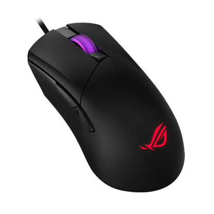 ASUS ROG Gladius III Core gaming mouse product photo — ROG Gladius III Core_01 – Angled front-left view of the ROG Gladius III Core gaming mouse, featuring a black matte finish and illuminated scroll wheel
