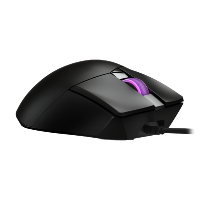 ASUS ROG Gladius III Core gaming mouse product photo — Angled rear-left view of the ROG Gladius III Core, highlighting the curvature and rear lighting accents.