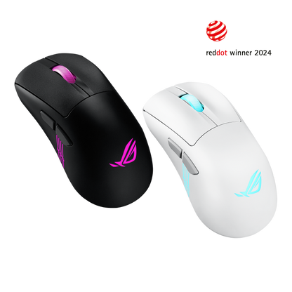 ASUS ROG Keris II Origin Gaming Mouse product photo — Angled view from the left of the ROG Keris II Origin in both black and moonlight white