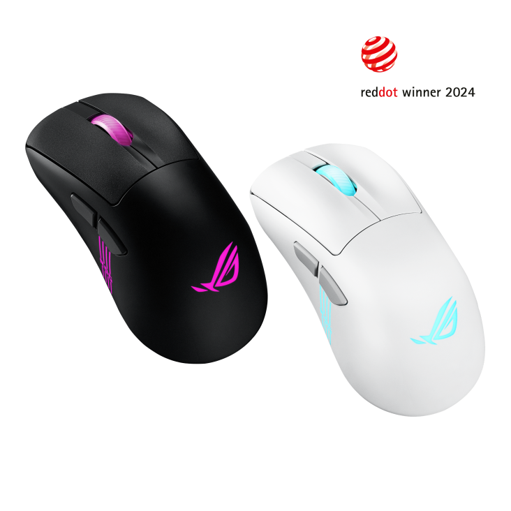 ASUS ROG Keris II Origin Gaming Mouse product photo — Angled view from the left of the ROG Keris II Origin in both black and moonlight white