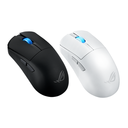 ASUS ROG Harpe Ace Mini product photo — An angled side view of the ROG Harpe Ace Mini mouse in both black and moonlight white