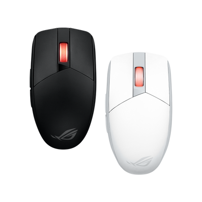 ASUS ROG Strix Impact III Wireless product photo — The top view of the ROG Strix Impact III Wireless in both black and moonlight white, placed side by side