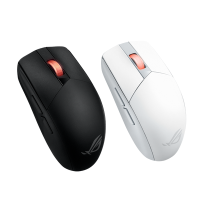 ASUS ROG Strix Impact III Wireless product photo — An angled top view of the ROG Strix Impact III Wireless in both black and moonlight white, placed side by side