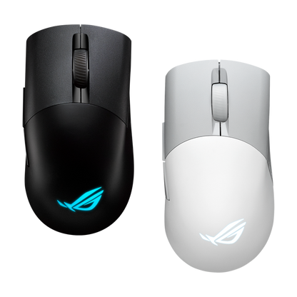 ASUS ROG Keris Wireless AimPoint product photo — Top view of the black and white ROG Keris Wireless AimPoint placed side by side together