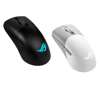ASUS ROG Keris Wireless AimPoint product photo — Angled side view of the black and white ROG Keris Wireless AimPoint placed side by side together