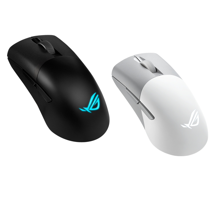ASUS ROG Keris Wireless AimPoint product photo — Angled side view of the black and white ROG Keris Wireless AimPoint placed side by side together