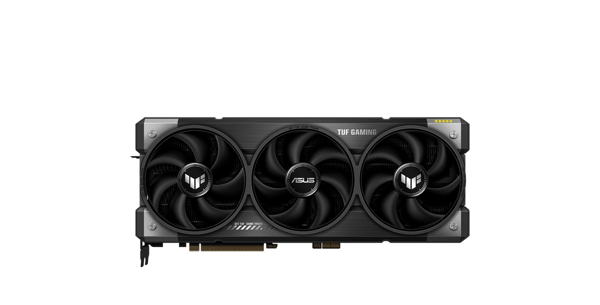 ASUS TUF Gaming GeForce RTX™ 5080 16GB GDDR7 BTF OC Edition product image — Front profile TUF Gaming GeForce RTX 5080 BTF Edition