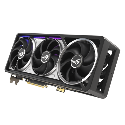 ASUS ROG Astral GeForce RTX™ 5090 32GB GDDR7 BTF OC Edition product image — 04_ROG-Astral-RTX5090-BTF_angled top down view focous on fans+lighting