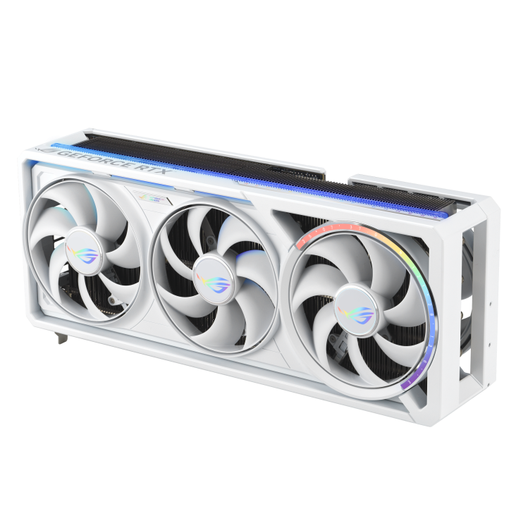 ASUS ROG Astral GeForce RTX™ 5080 16GB GDDR7 WHITE OC Edition product image — 06_ROG-Astral-RTX5080-White_angled top down view focous on fans+lighting