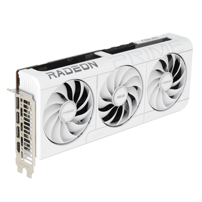 ASUS Prime Radeon™ RX 9070 XT White OC Edition 16GB GDDR6 product image — ASUS PRIME Radeon RX 9070 XT White Edition placed at a 45 degree-angle, leaning toward the back right