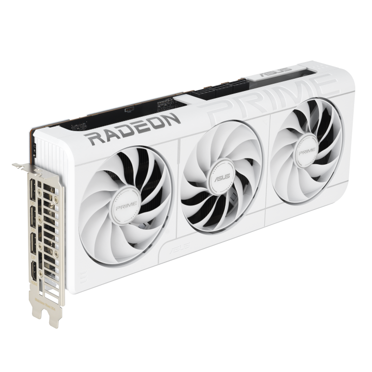 ASUS Prime Radeon™ RX 9070 XT White OC Edition 16GB GDDR6 product image — ASUS PRIME Radeon RX 9070 XT White Edition placed at a 45 degree-angle, leaning toward the back right