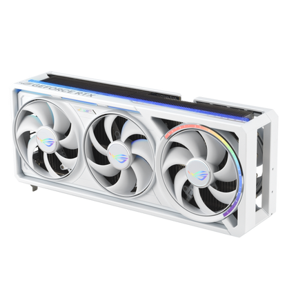 ASUS ROG Astral GeForce RTX™ 5090 32GB GDDR7 WHITE OC Edition product image — 06_ROG-Astral-RTX5090-White_angled top down view focous on fans+lighting
