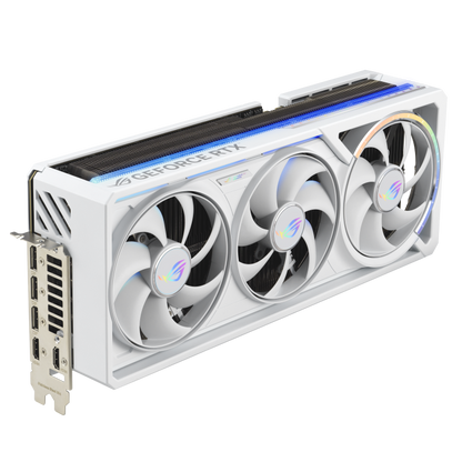 ASUS ROG Astral GeForce RTX™ 5090 32GB GDDR7 WHITE OC Edition product image — 03_ROG-Astral-RTX5090-White_angled top down view focous on IO+lighting